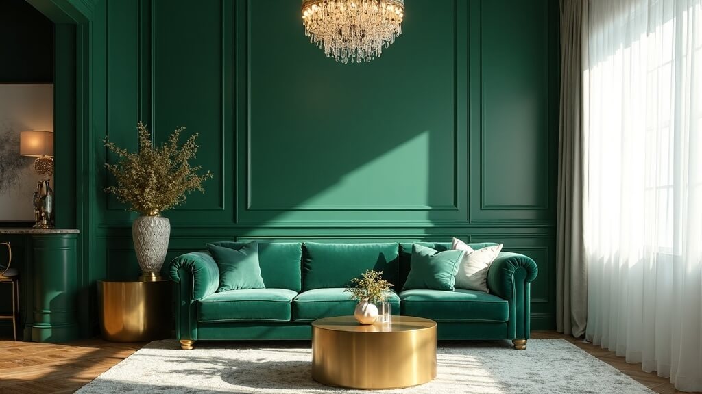 +44 fotos e ideas sobre qué colores combinan con verde: inspiración y armonía para vestir tus espacios 26 Verde con dorado en salón: detalles metálicos que elevan la paleta