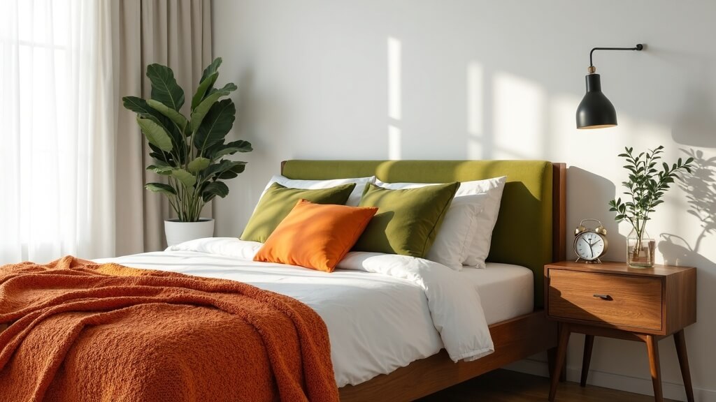 +44 fotos e ideas sobre qué colores combinan con verde: inspiración y armonía para vestir tus espacios 10 Verde combinado con naranja suave en dormitorio: contraste cálido
