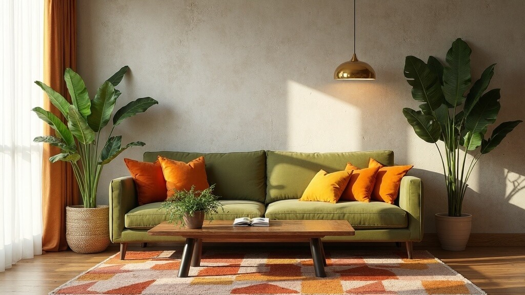 +44 fotos e ideas sobre qué colores combinan con verde: inspiración y armonía para vestir tus espacios 23 Salón con verde y naranja: contraste cálido con base neutra