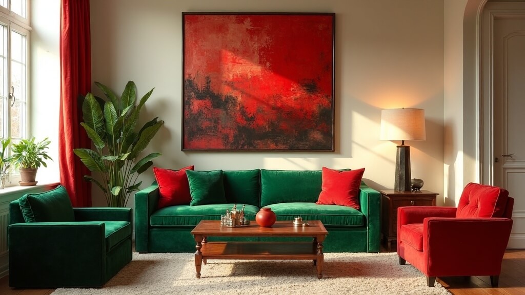 +44 fotos e ideas sobre qué colores combinan con verde: inspiración y armonía para vestir tus espacios 22 Salón con verde y rojo: ejemplo de acentos bien medidos