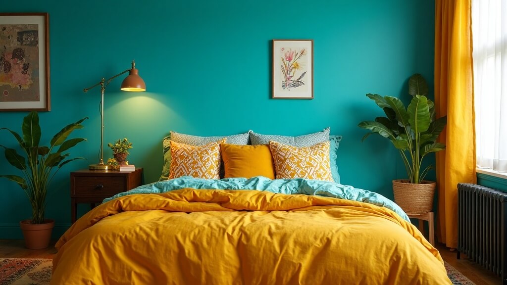 Dormitorio decorado con turquesa y amarillo mostaza en paredes y textiles