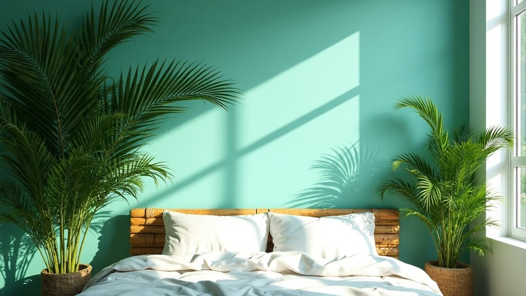 Dormitorio con paleta de colores cálidos y turquesa como color de acento