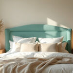 + 26 fotos con colores que combinan con el verde esmeralda: ideas bonitas para un hogar fresco y luminoso 21 Cama con cabecero verde esmeralda y decoración minimalista en tonos neutros con mesitas de madera y velas.
