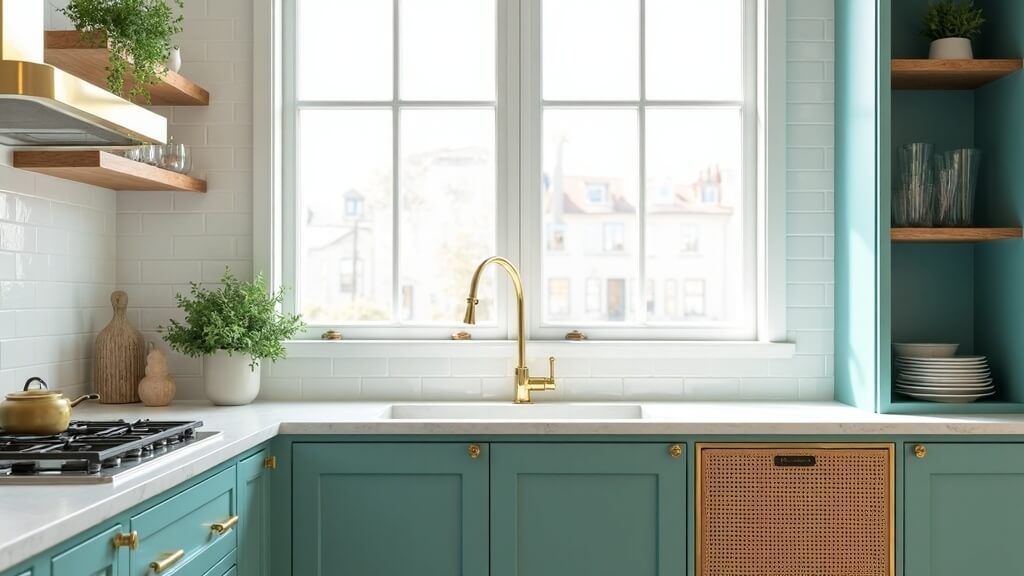 + 26 fotos con colores que combinan con el verde esmeralda: ideas bonitas para un hogar fresco y luminoso 11 Cocina con muebles verde esmeralda y encimera clara