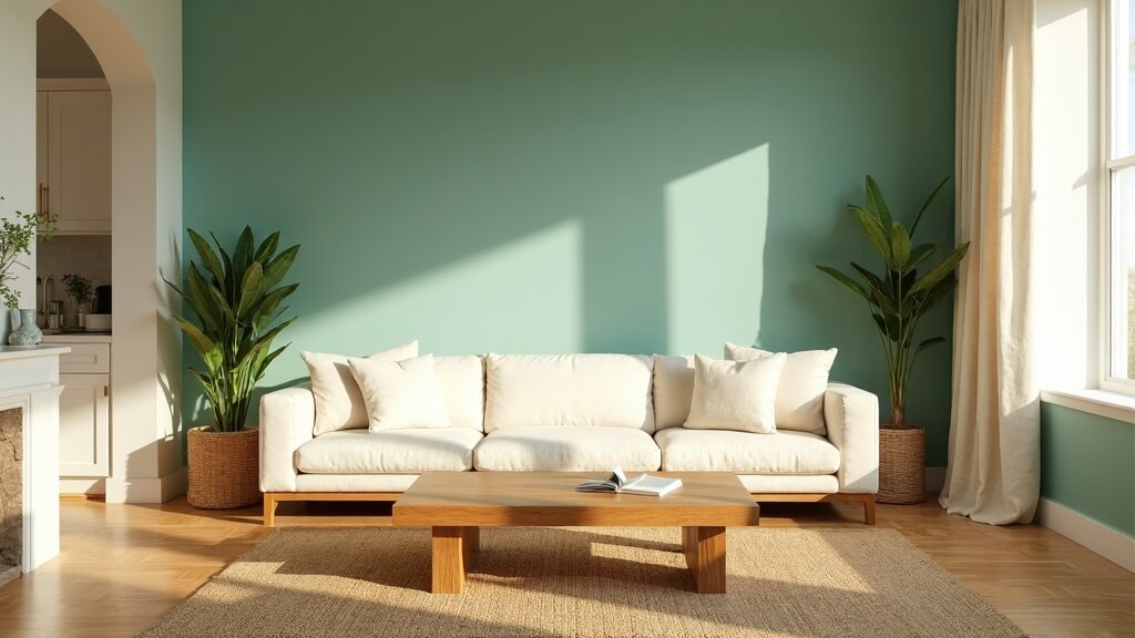 + 26 fotos con colores que combinan con el verde esmeralda: ideas bonitas para un hogar fresco y luminoso 9 Salón con pared verde esmeralda y muebles claros
