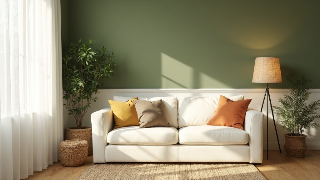 Salón en tonos naturales con verde oliva