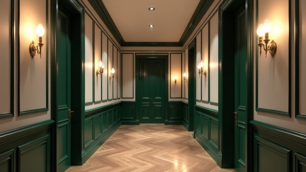 Recibidor con verde oscuro y madera