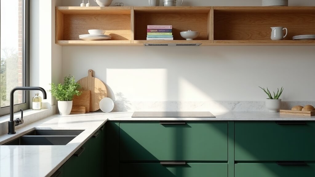 Cocina o baño con verde oscuro y encimera clara