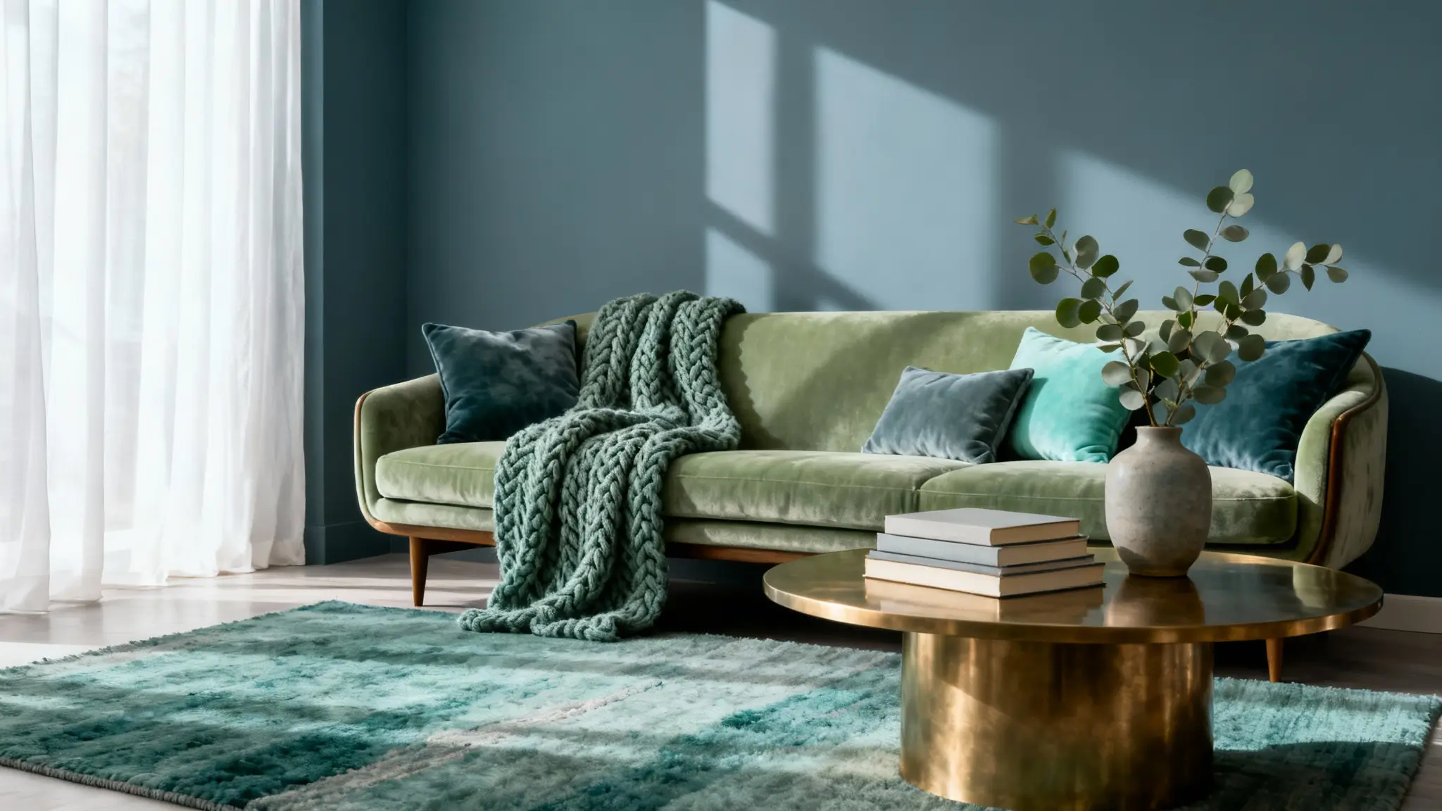combinación análoga de colores en interiores con verdes y azules suaves