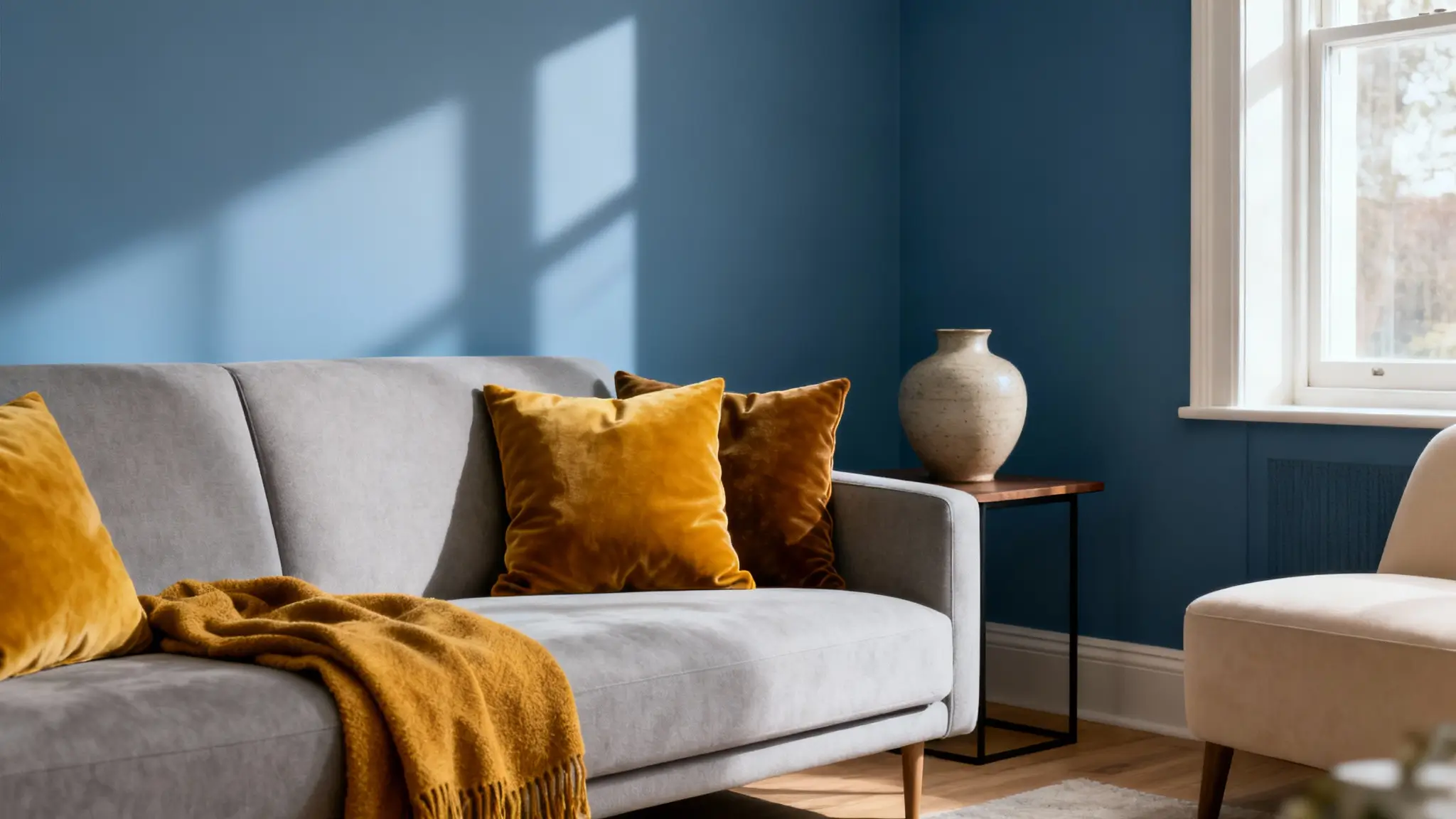 combinación complementaria en decoración con contraste azul y mostaza