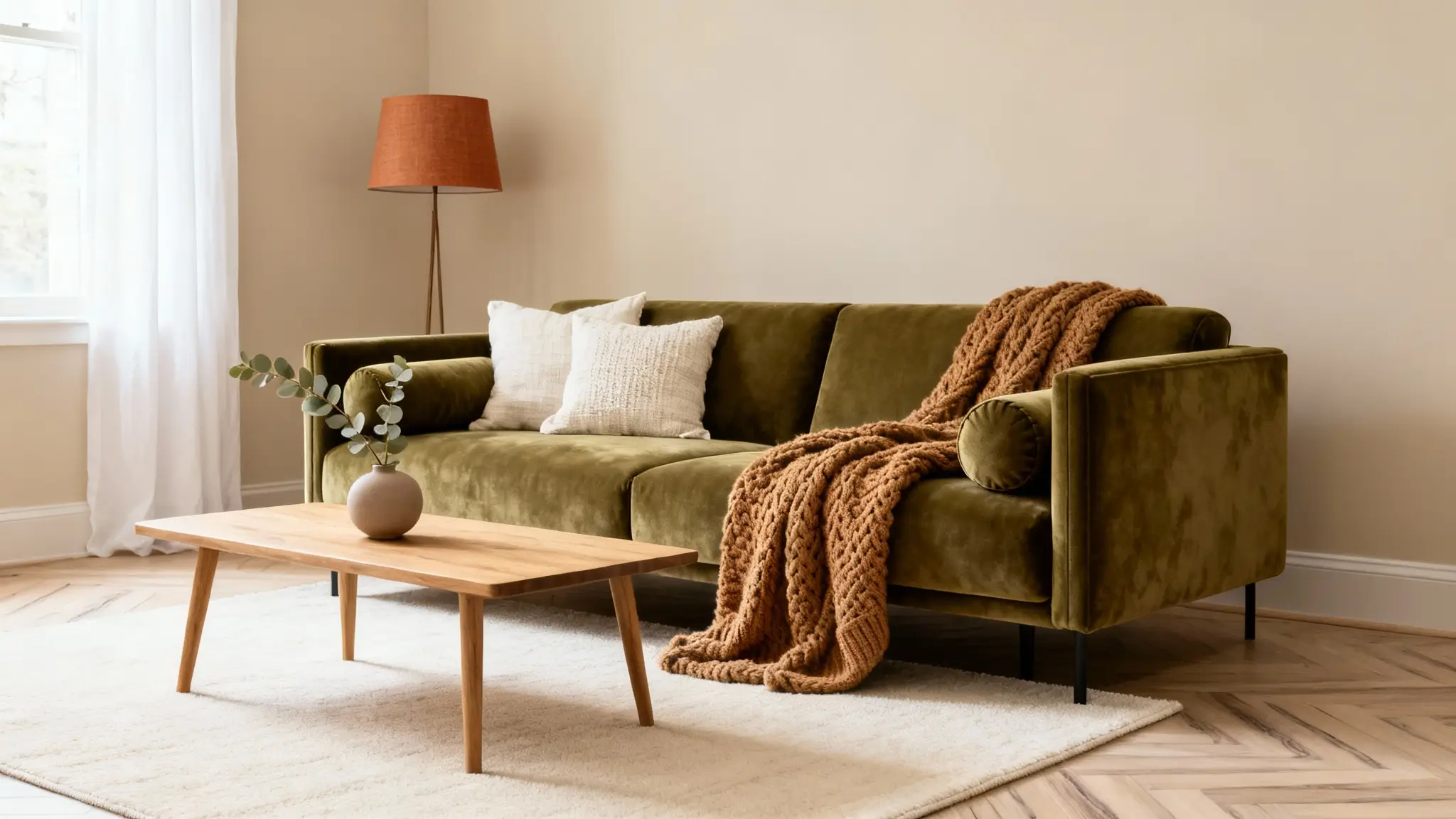neutros con color protagonista en decoración con madera y fibras naturales