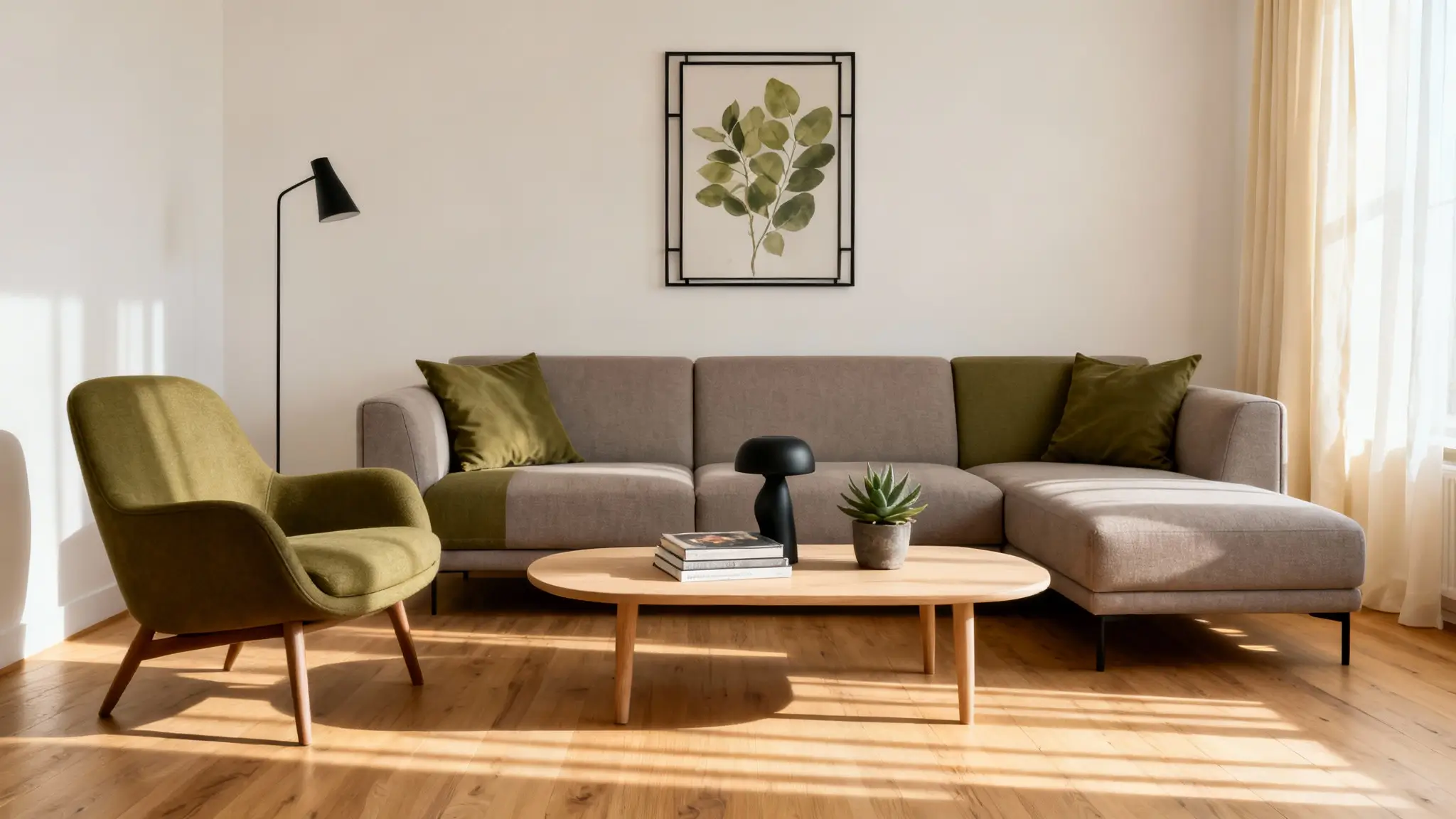 ejemplo de combinación de colores en salón moderno con blanco roto, topo y verde oliva