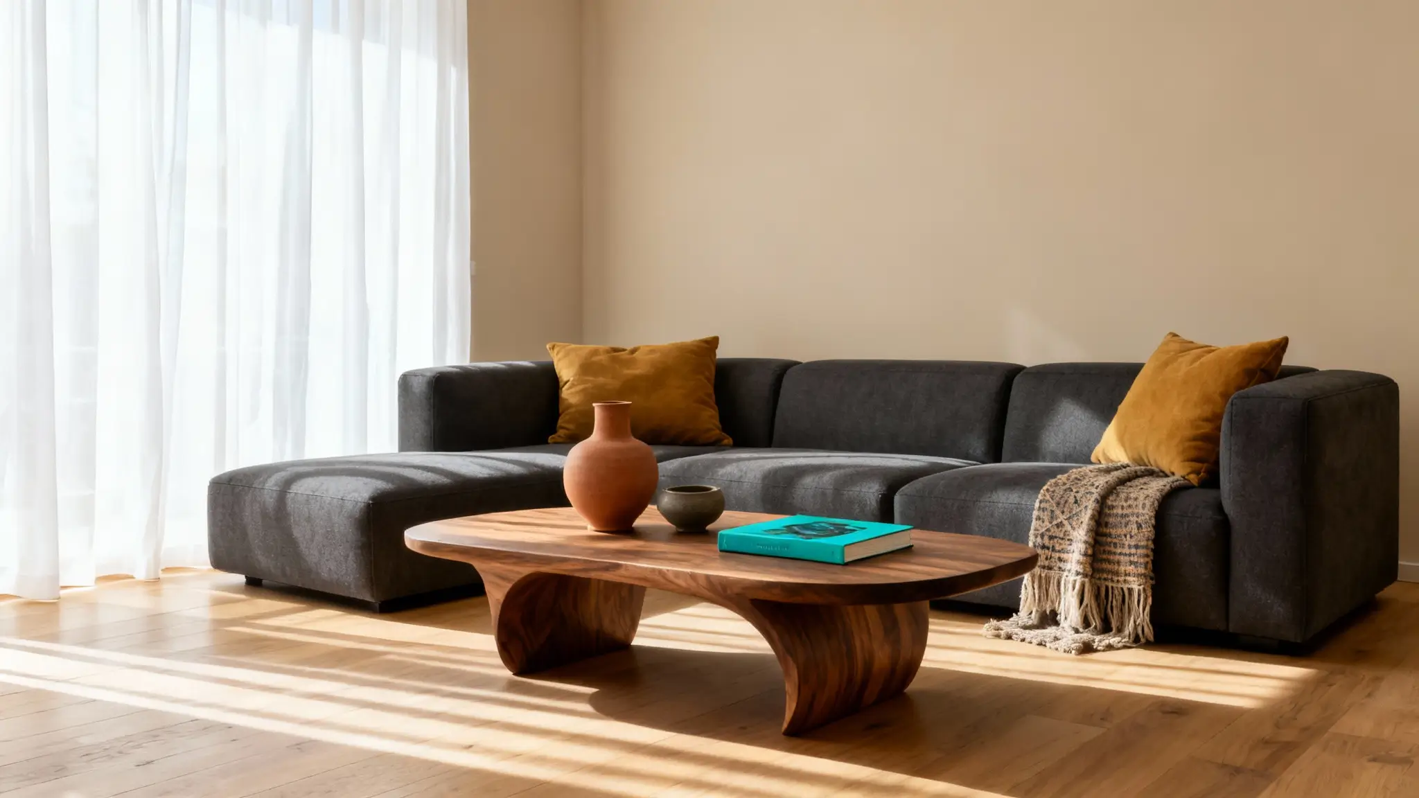 cómo combinar colores en un salón moderno con beige, madera y verde salvia